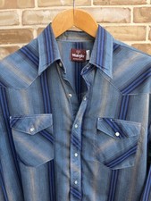 Vintage Wrangler Western Shirt XL 17-17.5 Blue Stripe Pearl Snap Retro Cowboy picture