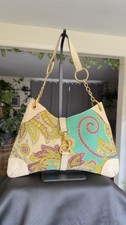 Vintage ETRO Milano Paisley Canvas Shoulder Bag Turquoise Gold Chain Hook Italy picture