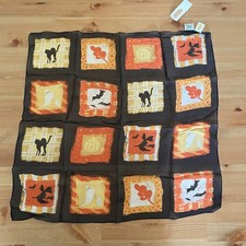 Talbots Halloween Silk Scarf Brown Orange Black Cat Witch Ghost Bat Pumpkin NOS picture