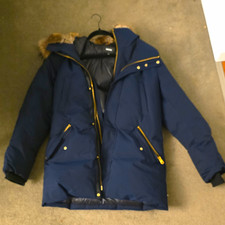 Mackage Men’s Blue Hooded Parka Jacket Fur Trim Full Zip Snap Size 38 picture