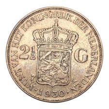 1930 Netherlands 2 1/2 Gulden Large World Silver Coin .720 Pure 2.5 Gulden picture