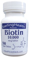 Biotin 10000 mcg, 500 tablet bottle,  or 1 (one) tablet sample pack, biotin 10mg picture
