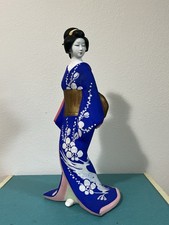 Vintage Showa Era Japanese Hakata Clay Doll – Geisha in Cobalt Blue Kimono picture