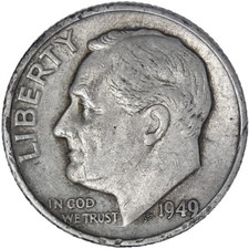 1949 D Roosevelt Dime 90% Silver Very Fine VF picture
