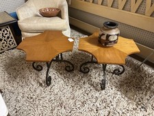 PAIR 2 OF SOLID WROUGHT IRON BASE SPANISH VILLA WOOD TABLES BY HERITAGE HENREDON picture