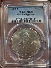 :1908-S 1-PESO .800-SILVER USA PHILIPPINES PCGS MS 61 BRILLIANT BEAUTY RARITY R3 picture