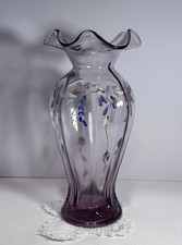 “Fenton Style” Purple Amethyst Glass Vase w/Ruffle- Handblown HandPainted 9” picture