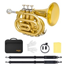 SONICAKE Bb Pocket Trumpet for Beginners - Gold Lacquer Brass Trumpet Full Kit picture
