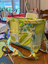 Handmade Quilted Patchwork Fabric Tote Bag Green Blue Striped Pattern picture