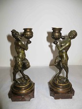 Antique Bronze Pair of Pan Satyr Candle Sticks Decorative Item mid /late 1800's picture