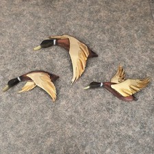 Vintage MCM Flying Geese / Ducks Wood w/Brass 3 PC Set  picture
