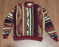 Vintage Cotton Traders Coogi Style Sweater Mens M Burgundy Multicolor Knit 90s picture