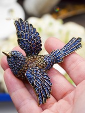 Vintage Blue Rhinestone Bird Brooch Sparkling Crystal Flying Bird Pin picture