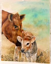 Original Oil Painting Mother Cow & Baby Calf 28” x 22” Signed Western Farm Art picture