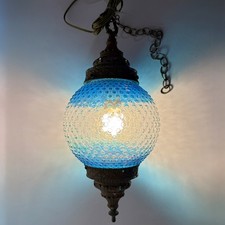 Vintage MCM Blue Hobnail Glass Globe Hanging Swag Lamp Light - WORKING picture