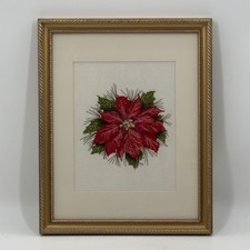 Vintage Hand Stitched Poinsettia Floral Needlework in Gold Frame picture
