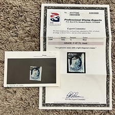 RARE 1852 U.S. 1C STAMP #9 F-VF 75 GRADED WITH PAPERWORK picture