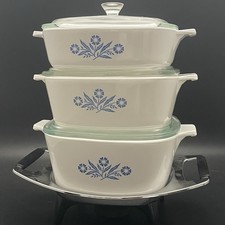 Corning Ware 4pc Blue Cornflower P-1-B P-1 1/2-B P-1 3/4-B Candle Warmer 1961-66 picture