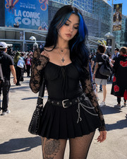 SHEIN Black Mesh Floral Sleeve Bodysuit Women Medium Goth Fairy Grunge Open Back picture
