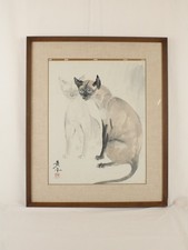 Japanese-style (Sumi-e) Watercolor Gouache Painting Of Siamese Cats Signed picture