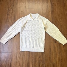 VTG 70s Diamond Knit Sweater Womens White Cable Collared Preppy Office Medium picture