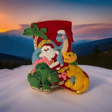 Bucilla Santa Dinosaurs Palm Tree Felt Applique Christmas Stocking Vintage Rare picture