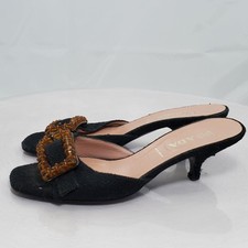Vintage/Repair Prada Beaded Buckle Mule Heels 5 Black Wool Kitten Open Toe Italy picture