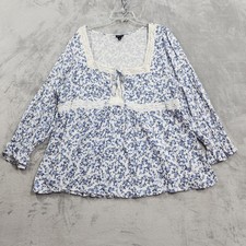 Torrid Top Womens 3/3X Blue Floral Square Neck Lace Trim Long Sleeve Tunic Boho picture
