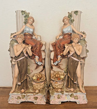 PAIR of 2 Antique German Porcelain Figural Sculptures Statues Lamp Bases - 19