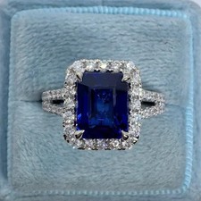 3.59Ct Emerald Lab-Created Sapphire Halo Engagement Ring 14K White Gold Plated picture