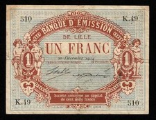 FRANCE - Banque d'émission de Lille, 1 Franc 1914, stamp Brussels VF / VF picture