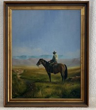 Vintage Traditional Western Oil Painting - Lone Cowboy on Horseback picture