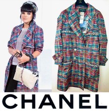 5K Chanel 2014 Long Blue Trench Coat 34 36 38 4 6 8 Jacket Tweed Logo 14p S M picture