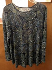 J Jill Womens Medium Paisley Tunic Top Blue Teal Long Sleeve Smocked Back Boho picture
