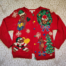 Vintage 90s Women's Paris Smith Button Cardigan w Christmas Bears Embroidered picture