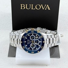 Bulova Men's Marine Star 98B400 Chronograph Blue Dial Steel Quartz Watch 41.5mm picture