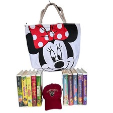 Vintage Disney Bundle -10 Classic VHS Tapes, Minnie Mouse ToteBag,Disneyland Cap picture