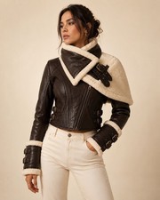Women’s Brown Genuine Leather Shearling Jacket Winter Fur Motorcycle Biker Coat picture