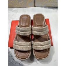 Crown Vintage Platform Slide Sandals Womens 6 Beige Good Woven Raffia Two Strap picture