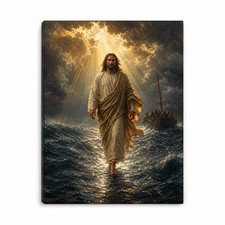 Jesus Walking on Water Canvas Wall Art Christian Religious Painting Print Framed picture