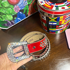 b.b.simon Red/White/Silver Rhinestone Studded Belt w/ Buckle, Men's 40 picture