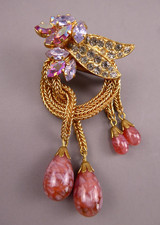 Vintage Austria Rhinestone Mesh Dangle Drop Brooch Pin Marbled Glass Pink picture