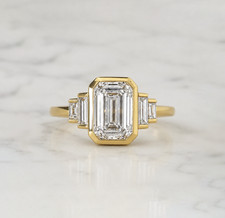 IGI 3 Ct Emerald Cut Lab Grown Diamond Bezel Set Engagement Ring 14k Yellow Gold picture
