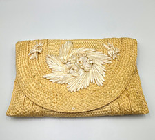 VTG 1950s Raffia Straw Straw Woven Clutch Purse Envelope Bag Floral Raffia  picture