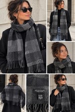 Saks Fifth Avenue 100% Cashmere Gray Plaid Fringe Scarf picture
