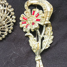 Vintage 2pc Mixed Lot Silver Tone Brooch & Pin Set w/ Red Rhinestones picture