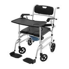 Foldable Shower Commode Chair with Wheels, Aluminum Alloy, Black picture