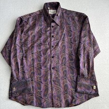 MANZINI Purple Paisley Mens Dress Shirt Long Sleeve Satin Italian 2XL XXL Party picture