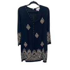 NEW Yoana Baraschi Blue Black Gold Embroidered Sequin Shift Dress - Size 10 picture