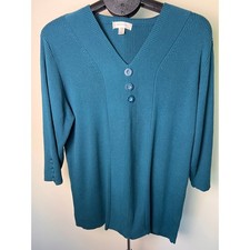 Ribbed V-Neck Sweater Woman 3X Teal 3-Button Accent Knit Officewear Plus Size picture
